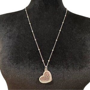 Silver Heart Pendant Necklace With Rhinestone Heart & Engraved Caring Giving